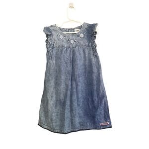 Hudson Girls Chambray Embroidered Neck Flutter Ruffle Sleeve Blue Dress Size 6